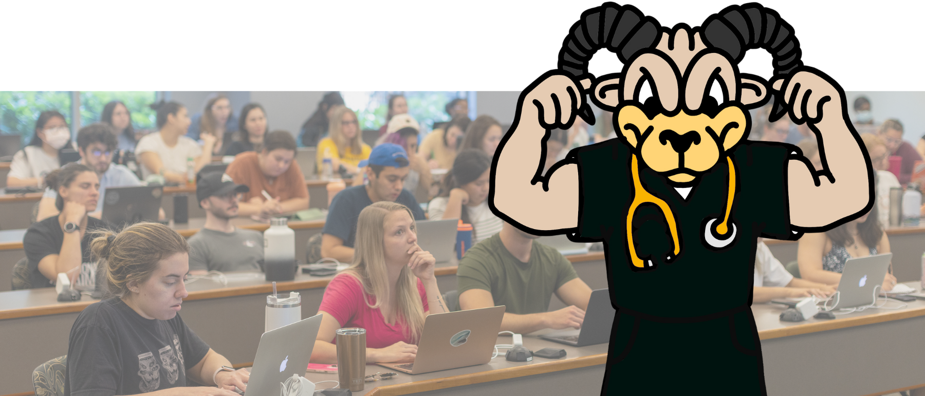 v.c.u. mascot rodney the ram flexes his muscles alongside students in a classroom