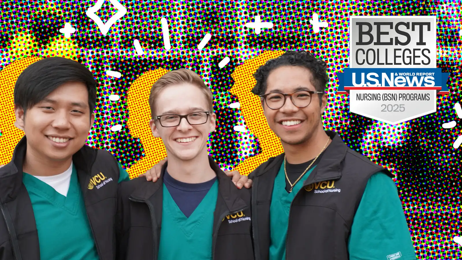 v.c.u. nursing students smile in a group and a badge indicating that the school is rated as a best college for nursing b.s.n. programs for 2024 by u.s. news and world reports