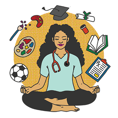 a nursing student in a meditative pose imagining her busy life - soccer practice, art, studying, clinic work