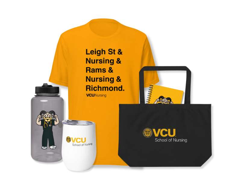 v.c.u. branded items including a tshirt, drinkware, tote bag and notebook