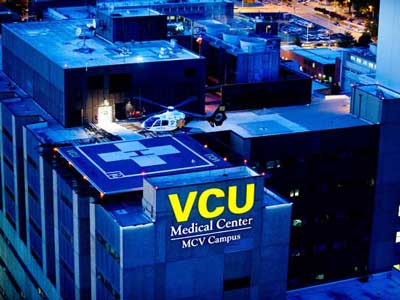 aerial night view of V.C.U. Health system