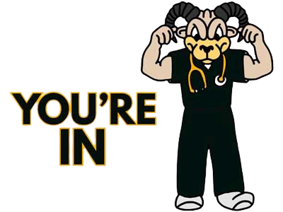 rodney the ram dressed in nursing attire flexing his muscles next to the words 'you're in'