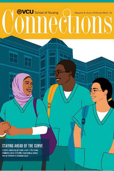 cover of the winter 2023 issue of connections magazine showing an illustration of three nursing students in front of cabaniss hall at v.c.u.