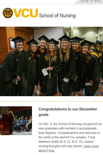 screenshot of the digital newsletter for v.c.u. school of nursing alumni showing a celebratory graduation message and stories from the school