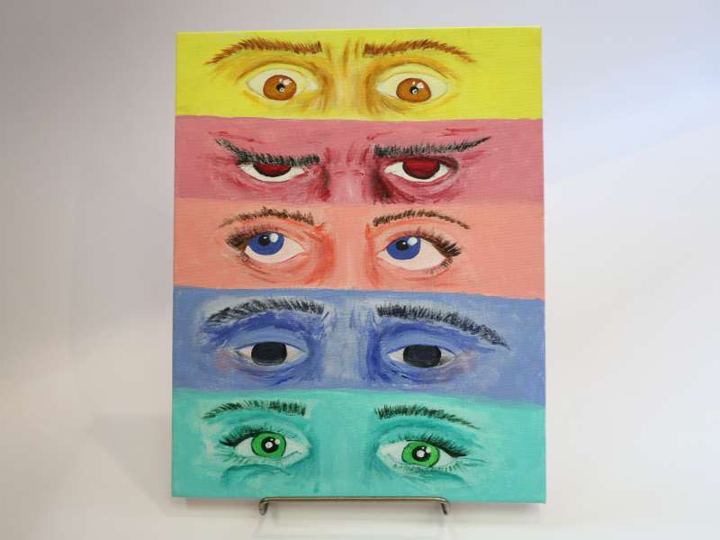 Painting of five horizontal rows, each showing a pair of expressive eyes in different colors: yellow, red, orange, blue, and green. The surrounding facial features match the hue of each row, suggesting shifts in mood, identity, or perception through color.