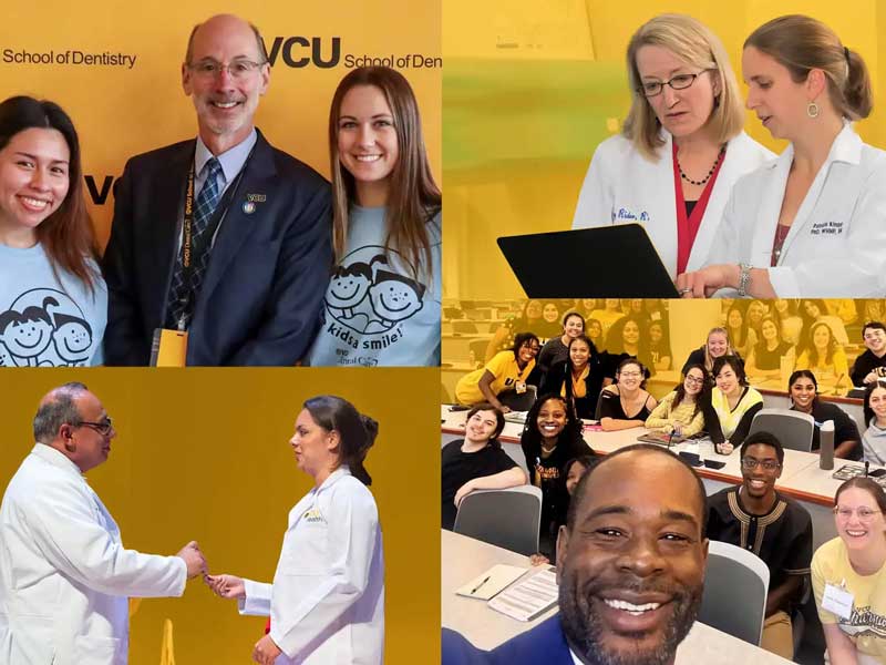 Four photos put together in a collage. The top left photo shows three people standing and smiling. The top photo on the right shows two women wearing white doctor's coats looking at a lap top. The bottom left photo shows a man and woman wearing white lab coats standing face to face with their ams extended in front of each other. The photo on the bottom right is a photo of a man taking a selfie wit