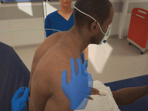 a health practitioner places the end of a stethoscope on the bare back of a masked patient while another practitioner watches