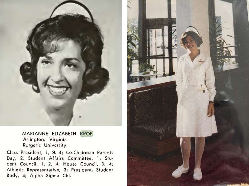 a smiling nurse headshot and full body shot in a full nursing uniform - text in the image describes her as Marianne Elizabeth Krop of Arlington, Virginia at Rutgers University, who served as class president, among other committees and councils