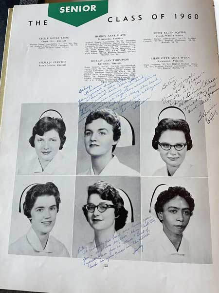 a yearbook page from 1960 with photos of six nursing students