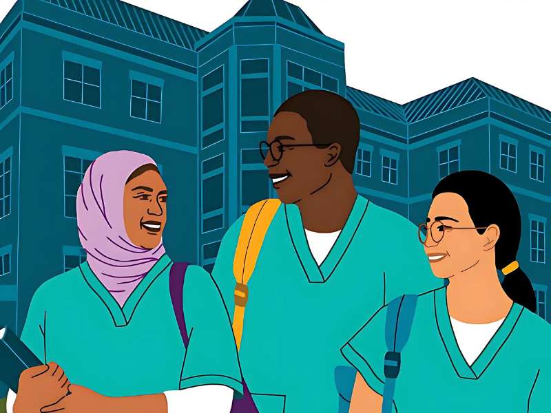 a colorful illustration of three v.c.u. nursing students in front of cabaniss hall