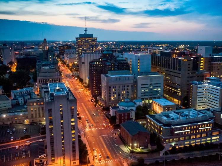 aerial view of vcu health at dusk